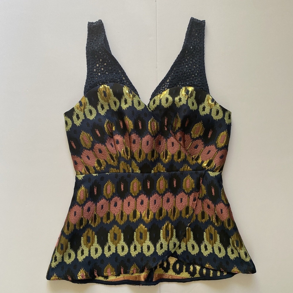Anthropologie Women's HD‎ in Paris Jacquard Metallic Yana Peplum Top Size 00-XS
